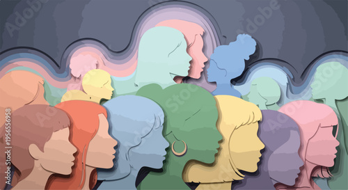 Paper cut style diverse women silhouettes, colorful female profile portraits in layered paper craft art, community of women empowerment vector