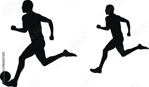Silhouetted athletes dribbling soccer ball in dynamic running posture