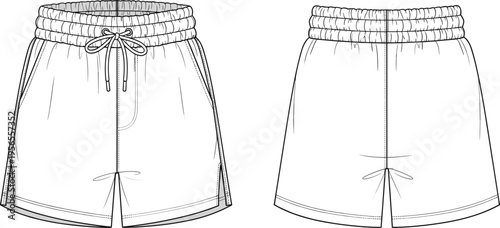WebMen's sports shorts technical sketch, vector fashion template, athletic shorts front and back view, gym wear design, drawstring waistband, isolated.