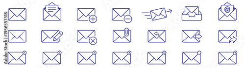 Mail and email outline icon set, envelope message inbox and attachment vector icons isolated on white. Email and messaging line icons vector set with envelope chat notification and communication 