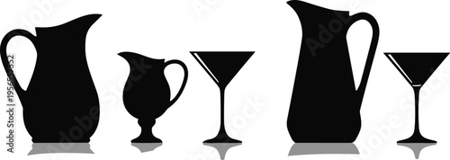 Black silhouette collection of kitchenware jugs and martini glasses isolated on white background for minimalist restaurant menu design bar drink glassware vector graphic elements.