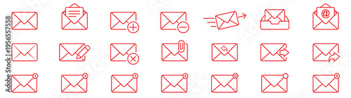 Mail and email outline icon set, envelope message inbox and attachment vector icons isolated on white. Email and messaging line icons vector set with envelope chat notification and communication 