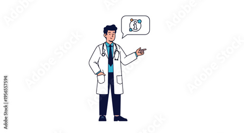A doctor in a white coat points while talking about world immunization week on a clean white background with a cartoon style and a professional mood