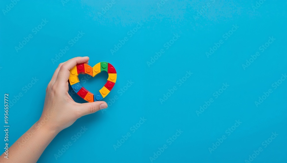 Fototapeta premium A hand gently holds a colorful heart shape against a vibrant blue background high quality