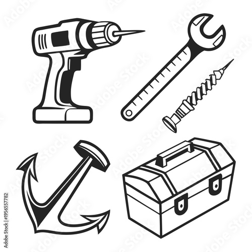 Power drill hand tools and hardware equipment icon set illustration