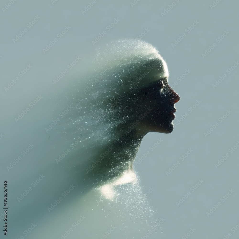 Fototapeta premium Female asian young profile dissolving particles portrait motion blur serene gaze minimalist cool tone