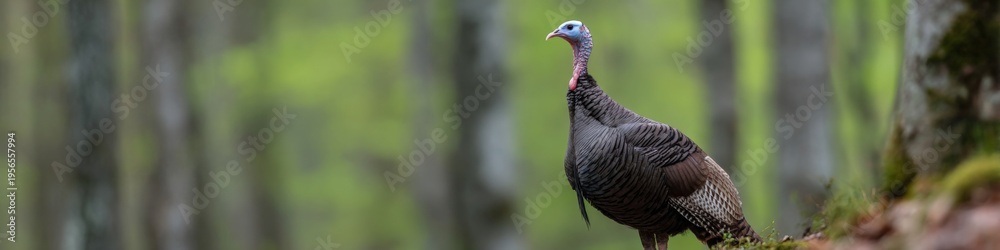 Fototapeta premium Turkey on mossy log in forest green setting with detailed plumage and alert stance among trees ferns and soft diffuse light