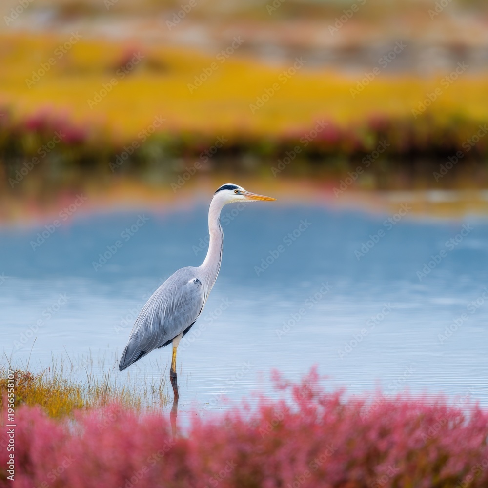 Fototapeta premium Great blue heron standing marshland waterreflection autumn wetland bird solitary shoreline talllegs grey plumage calm