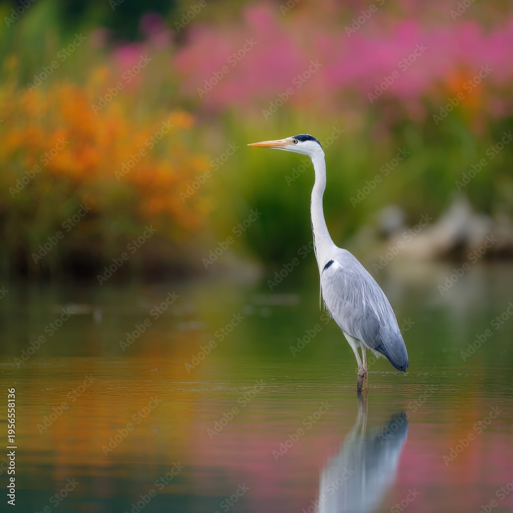 Obraz premium Heron gray standing water reflection in colorful wetland with vibrant floral background graceful avian pose showing long neck and calm mirrored surface at golden hour
