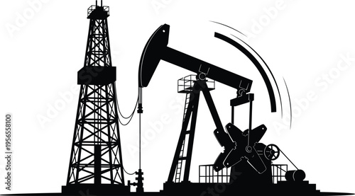 WebOil pump jack and drilling rig silhouette, petroleum industry extraction equipment, fuel energy production, industrial engineering, fossil fuel, isolated, black.