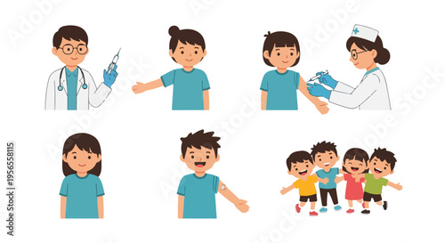 Cartoon-style illustrations of children and medical professionals during World Immunization Week with a clean white background