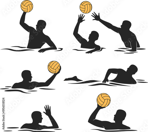 Set of water polo player silhouettes in swimming pool featuring athletes throwing ball, blocking shots, and swimming during competitive matches, professional sports vector graphics