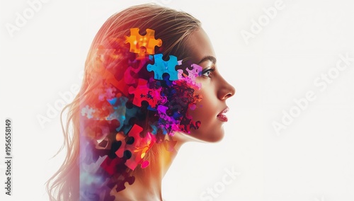 A woman s profile is overlaid with vibrant colorful jigsaw puzzle pieces symbolizing thought and complexity