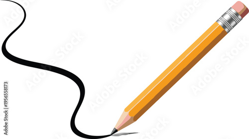 Vector illustration of a classic yellow wooden pencil drawing a wavy black line with an eraser top isolated on a white background for education.