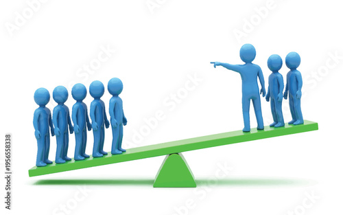 Blue 3d people standing on a green seesaw balancing teamwork and leadership concept