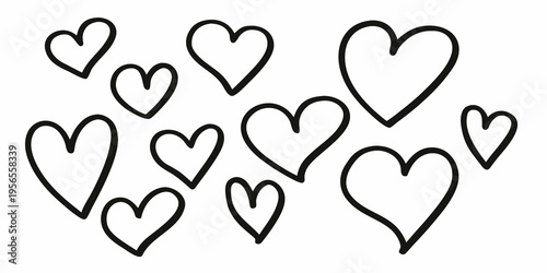A collection of hand drawn black hearts scattered across a white background