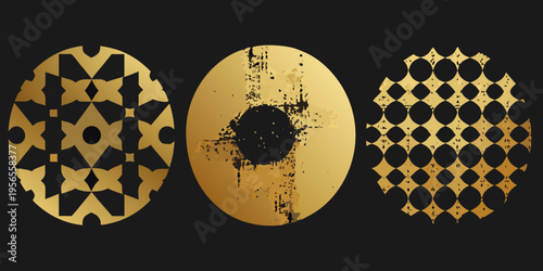 Three golden oval shapes with intricate patterned designs on black background