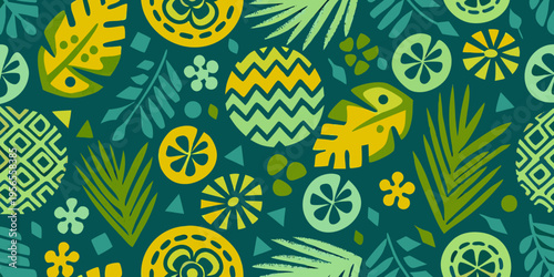 Tropical leaves flowers and a toucan in a seamless pattern