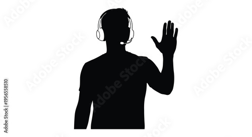 Man wearing headset gestures with hand a striking silhouette
