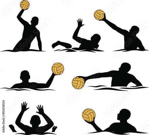 Water polo player silhouette collection featuring athletes swimming, throwing ball, and defending in pool, professional sports vector set for competition and aquatic summer fitness.