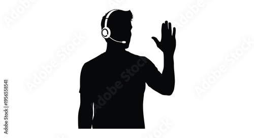 A customer service representative waving depicted in dark silhouette
