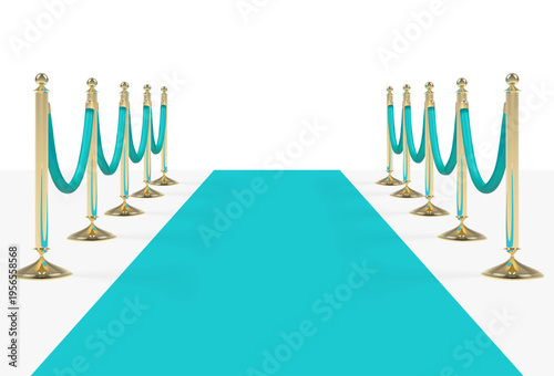 Blue teal carpet with blue ropes on golden stanchions. Vector illustration isolated on white background