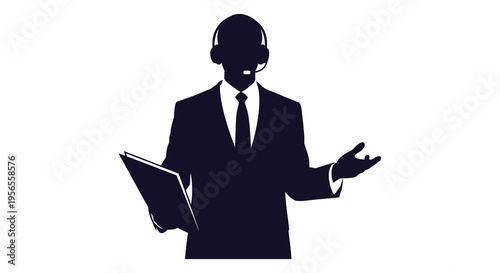 Business professional with headset presenting a striking black silhouette