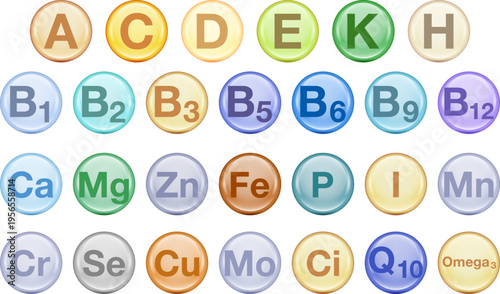 Collection of colorful glossy icons representing essential vitamins and minerals including A, B complex, C, D, E, K, calcium, magnesium, zinc, iron, and omega. Ideal for healthcare, nutrition,