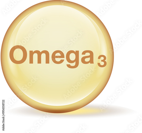 Glossy illustration of Omega 3 capsule symbol representing dietary supplements, healthy fats, and nutrition. Ideal for healthcare, wellness, and medical design projects.
