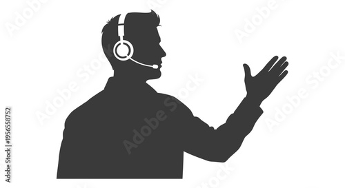 Man with headset gesturing a striking black silhouette