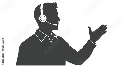 Man with headset gesturing a striking black silhouette