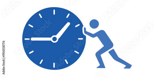 Man pushing giant clock wheel conceptual vector illustration for time management, deadline pressure, and hard work metaphor.