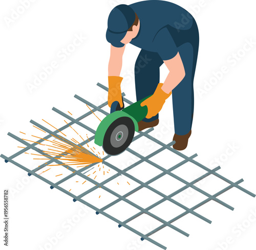 Construction worker cutting steel rebar with electric grinder producing sparks isometric illustration showing metal fabrication and industrial building process
