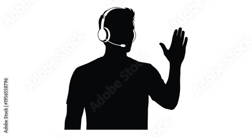 Man wearing a headset waving depicted in a striking silhouette