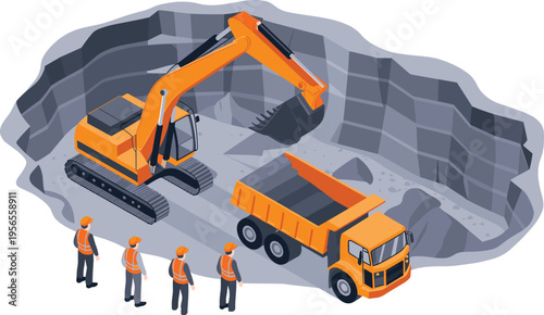 Excavator loading dump truck at mining quarry site with workers supervising heavy equipment operation isometric illustration of industrial extraction process