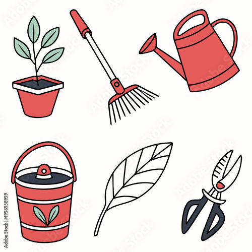 Garden tools set illustration with watering can rake and potted plant