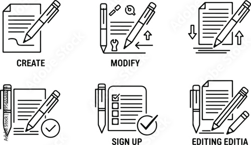 Flat design workflow icons for create, modify, sign up, and editing process in business and education
