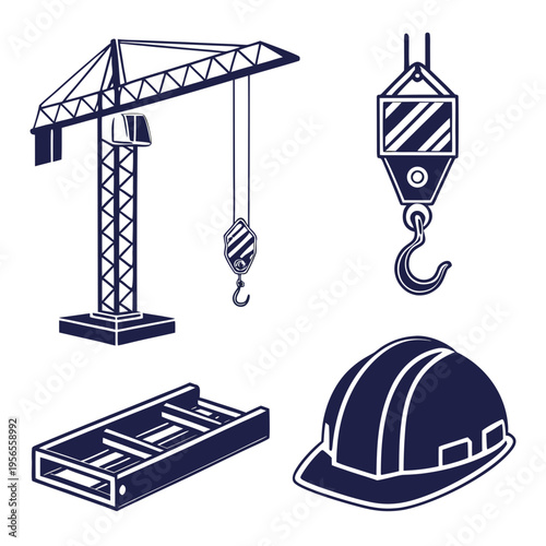 Construction site industrial equipment icons set