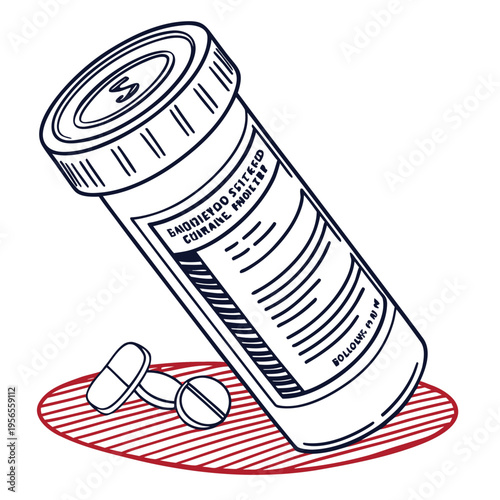 Medical prescription pill bottle and medication capsules illustration