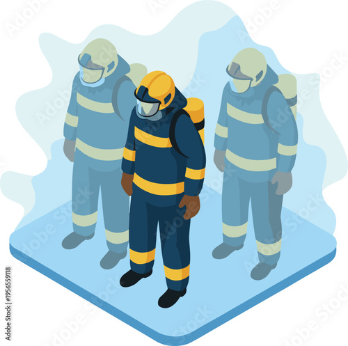 Firefighter team in protective uniforms standing ready for emergency response isometric illustration showing safety preparedness rescue service and teamwork