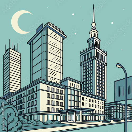 Modern city skyline illustration with skyscrapers and moon at night