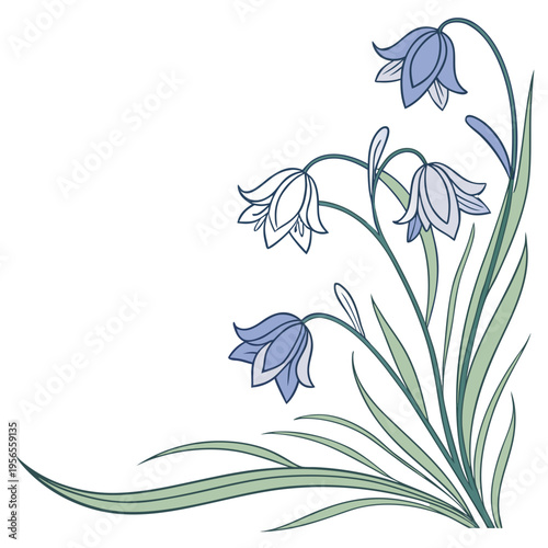 Blue bellflower botanical illustration corner border with wildflowers