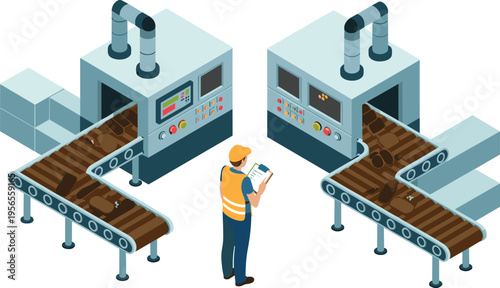 Industrial worker inspecting automated conveyor belt production line with machinery in modern factory isometric illustration showing manufacturing process efficiency