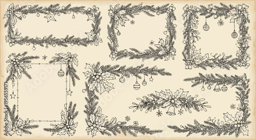 Vintage Christmas floral frames and borders set, hand drawn botanical winter holiday wreaths, rustic pine branch and holly berry vector illustrations