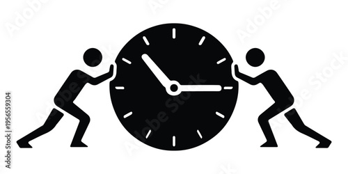 Two business people pushing clock hands to stop or manage time, time management and deadline concept, flat vector illustration