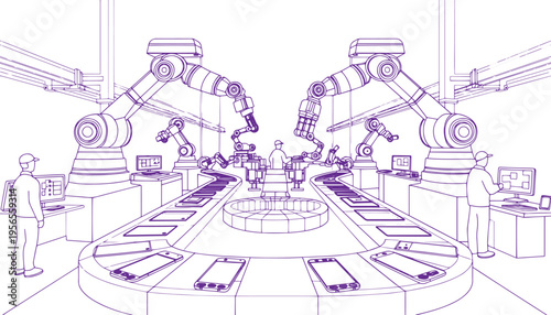 Mobile Manufacturing Plant Interior Line Art – Smartphone Factory Production Assembly Vector Illustration
