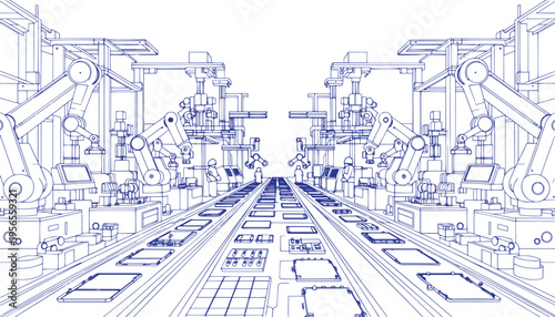 Mobile Manufacturing Plant Interior Line Art – Smartphone Factory Production Assembly Vector Illustration