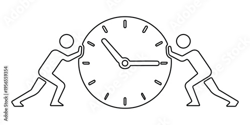 Two business people pushing clock hands to stop or manage time, time management and deadline concept, flat vector illustration