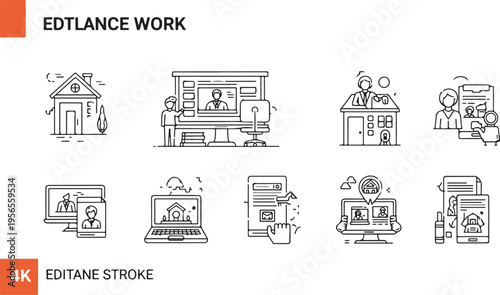 Flat design vector icons for freelance work and remote jobs with home office setup