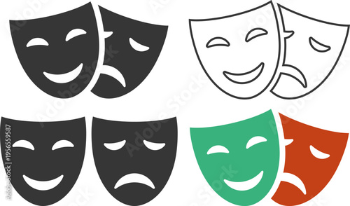 Set of classic theater masks representing comedy and tragedy emotions in multiple styles including silhouette, outline, and color versions. Comedy tragedy theater masks icon. Theatre drama masks